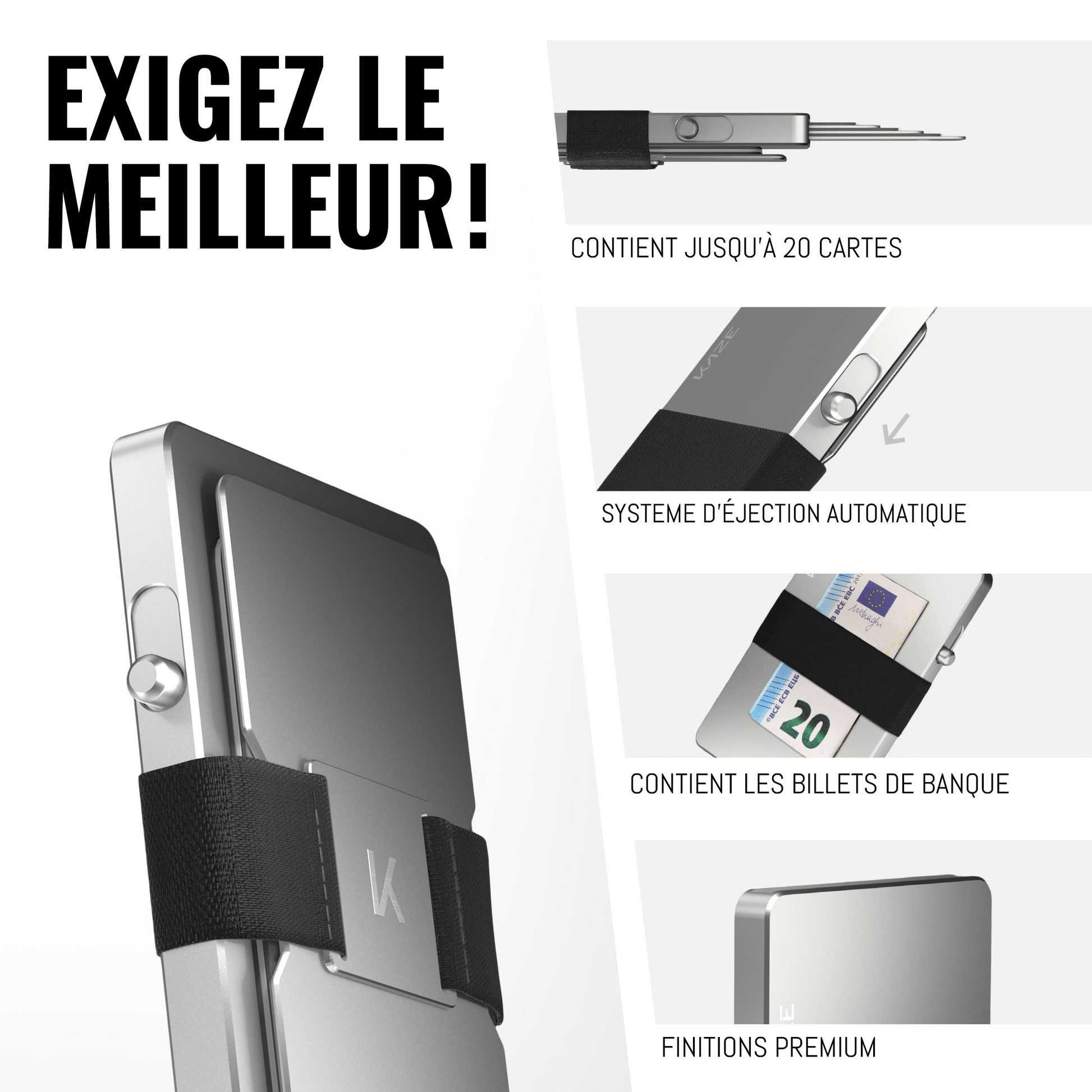 Porte‑cartes KAZE Extend – Gris argenté, aluminium minimaliste