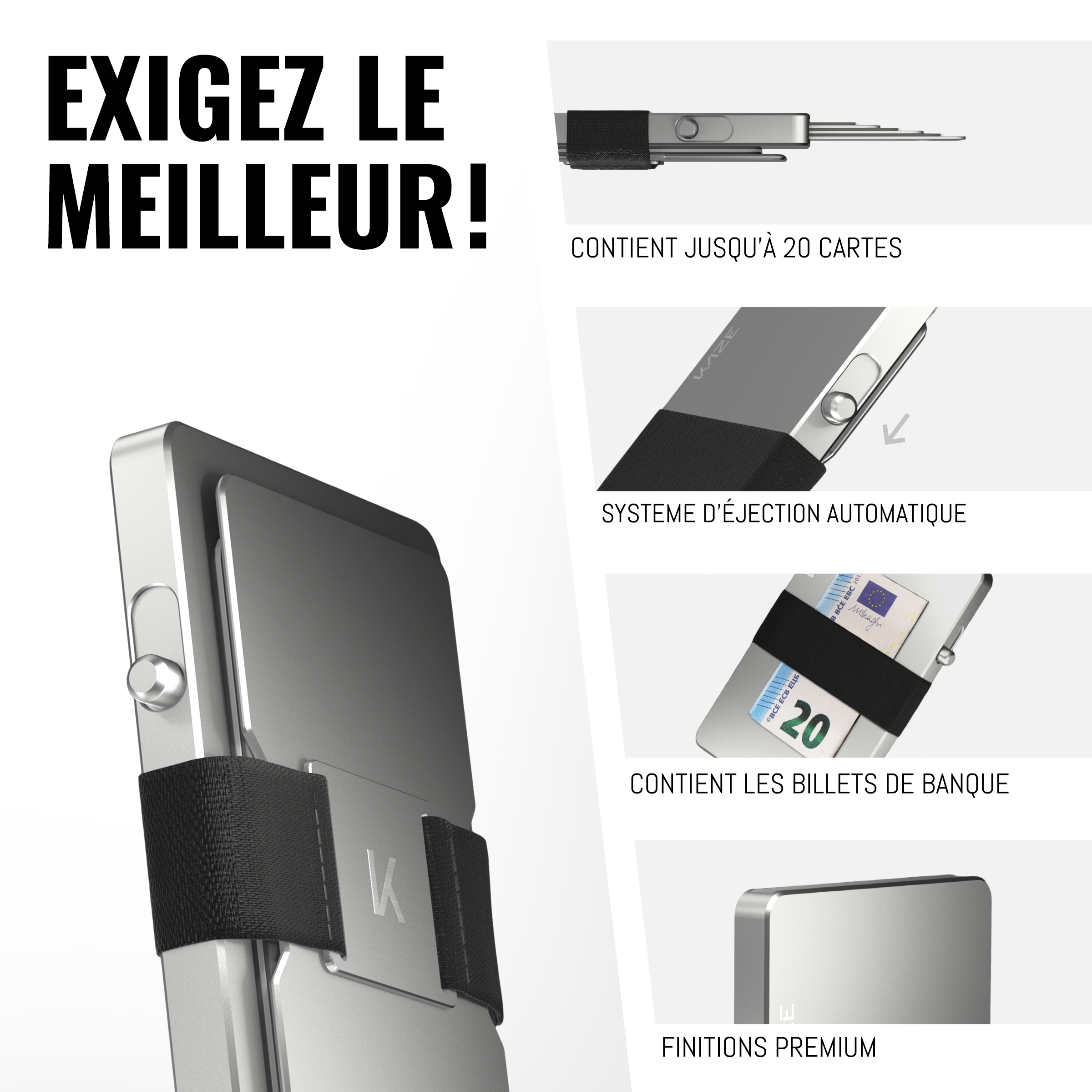 Porte‑cartes KAZE Extend – Gris argenté, aluminium minimaliste